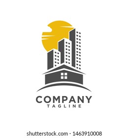 Real estate logo with sun and cloud in the evening yellow color