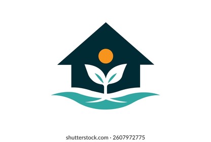 Real estate logo with sun and leaf logo design vector