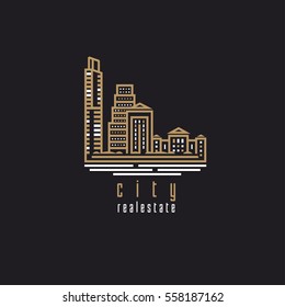 Real estate logo template with cityscape in white and golden color combination