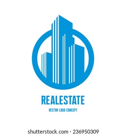 Real estate logo template concept vector illustration. Building graphic sign in classic graphic style. Abstract cityscape. Skyscrapers symbol. Design element.