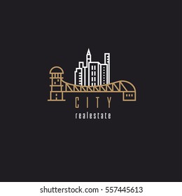 Real estate logo template design in white and golden color combination with cityscape and bridge