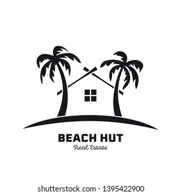 Real Estate logo template with house between palm trees vector illustration