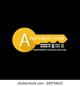 Real estate logo template. Vector design for agency, house and apartment rental, construction services or apartment repairs. Yellow and black colors on black background.
