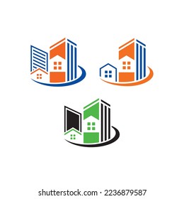 Logotipo inmobiliario Tres plantillas de ilustración vectorial de ejemplo. Color Naranja, Azul, Verde Y Negro. 