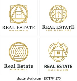 Real estate logo with triangle square circle stripe roof letter Z and home combination abstract vector line art suitable for building mortgage provide business