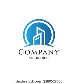 Logo inmobiliario con dos edificios y un círculo en segundo plano