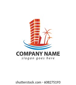 Real Estate Logo Vector with Beach and Coconut Trees Illustration