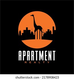Vector de logotipo inmobiliario con concepto de ciudad y jirafa
