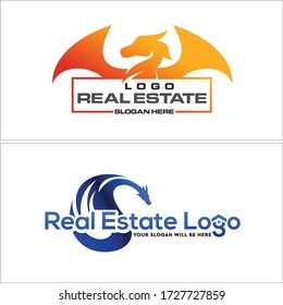 Vector de logotipo inmobiliario con forma de rectángulo de dragón símbolo y hogar en el diseño inicial adecuado para el equipo de agentes hipotecarios vendedores diseño de arte animal
