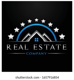 Plantilla vectorial del logotipo inmobiliario. color azul y fondo negro.