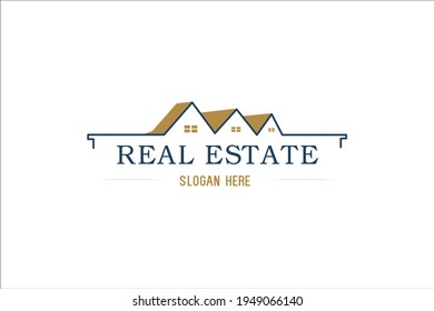 Real Estate Logo Vector Template. Simple Navy Blue Gold Color Realtor Property Logo Icon. Home, Residence, Building Construction Business Design Concept