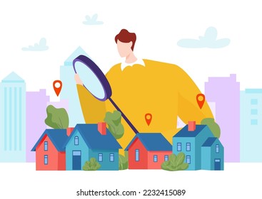 Real estate male agent hold magnifying glass, search property apartment house flat vector illustration, residential area region.