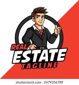 Real Estate Man Cartoon Mascot holding wrench template design