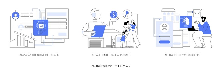 Real Estate Management with AI abstract concept vector illustration set. AI-Analyzed Customer Feedback and reviews, AI-Backed Mortgage Approvals, AI-Powered Tenant Screening abstract metaphor.