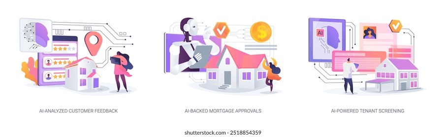 Real Estate Management with AI abstract concept vector illustration set. AI-Analyzed Customer Feedback and reviews, AI-Backed Mortgage Approvals, AI-Powered Tenant Screening abstract metaphor.