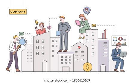 Real estate managers. Business fiddles are working around high-rise buildings. flat design style minimal vector illustration.