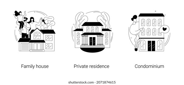 Real estate market abstract concept vector illustration set. Family house, private residence, condominium, mortgage loan, down payment, land ownership, detached home, backyard abstract metaphor.