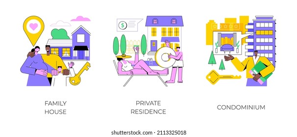 Real estate market abstract concept vector illustration set. Family house, private residence, condominium, mortgage loan, down payment, land ownership, detached home, backyard abstract metaphor.