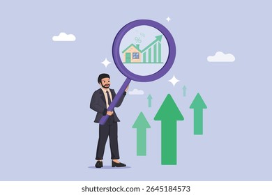 Real Estate Market Analysis: Businessman Holding Magnifying Glass Examining Property Growth, Representing Mortgage Investment and Upward Trends