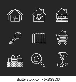 Real estate market chalk icons set. Neighborhood, house for rent, key, fence, swimming pool, real estate deal, homebuyer, shopping cart with house inside. Isolated vector chalkboard illustrations