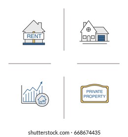 Real estate market color icons set. House for rent, cottage, private property sign, market growth chart. Isolated vector illustrations