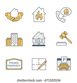 Real estate market color icons set. House in hands, multi-storey building, floor plan, parking place, sold house, private property sign, gavel. Isolated vector illustrations