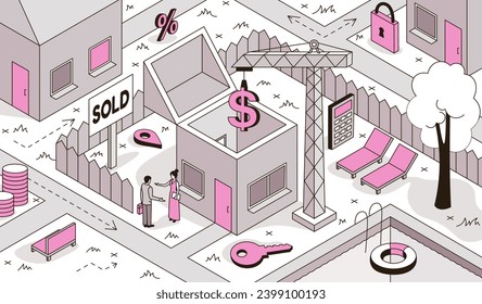 Real estate market concept. Deals with private property and buildings. Man and woman sale house. Mortgage and loan of apartment, home. Realtor with client. Doodle isometric vector illustration