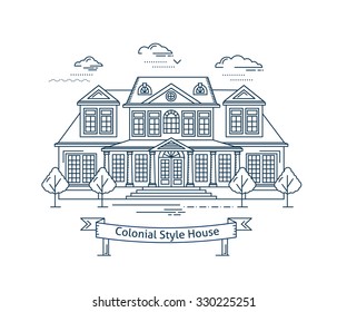 Real estate market concept flat line vector architecture design. Outlined stroke icon. Colonial style house. Property investment. For poster, flyer, web, banner, header, hero image, motion design