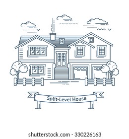 Real estate market concept flat line vector architecture design. Outlined stroke icon. Split-level family house. Property investment. For poster, flyer, web, banner, header, hero image, motion design