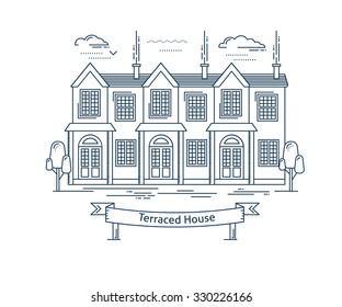 Real estate market concept flat line vector architecture design. Outlined stroke icon. Classic townhouse. Property investment. For poster, flyer, web, banner, header, hero image, motion design