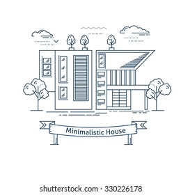 Real estate market concept flat line vector architecture design. Outlined stroke icon. Modern minimalist house. Property investment. For poster, flyer, web, banner, header, hero image, motion design