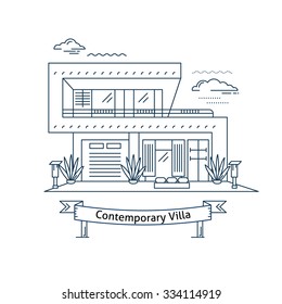 Real estate market concept flat line vector architecture design. Outlined stroke icon. Modern minimalist house. Property investment. For poster, flyer, web, banner, header, hero image, motion design