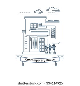 Real estate market concept flat line vector architecture design. Outlined stroke icon. Modern minimalist house. Property investment. For poster, flyer, web, banner, header, hero image, motion design