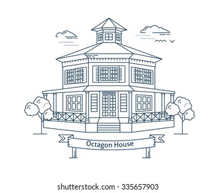 Real estate market concept flat line vector architecture design. Outlined stroke icon. Octagon style house. Property investment. For poster, flyer, web, banner, header, hero image, motion design