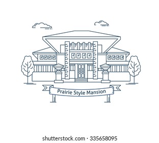 Real estate market concept flat line vector architecture design. Outlined stroke icon. Prairie style house. Property investment. For poster, flyer, web, banner, header, hero image, motion design