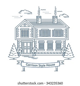 Real estate market concept flat line vector architecture design. Outlined stroke icon. Garrison style house. Property investment. For poster, flyer, web, banner, header, hero image, motion design