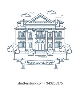 Real estate market concept flat line vector architecture design. Outlined stroke icon. Classic revival house. Property investment. For poster, flyer, web, banner, header, hero image, motion design