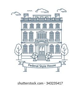 Real estate market concept flat line vector architecture design. Outlined stroke icon. Federal style house. Property investment. For poster, flyer, web, banner, header, hero image, motion design