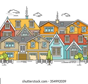 Real estate market flat line seamless pattern. Vector cityscape design for hero header image. House for sale concept. Property investment, buy, sell, rent house, apartment. Poster, flyer, web banner