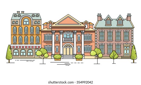 Real estate market flat line seamless pattern. Vector cityscape design for hero header image. House for sale concept. Property investment, buy, sell, rent house, apartment. Poster, flyer, web banner
