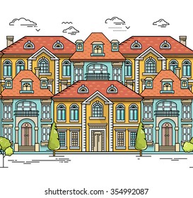 Real estate market flat line seamless pattern. Vector cityscape design for hero header image. House for sale concept. Property investment, buy, sell, rent house, apartment. Poster, flyer, web banner