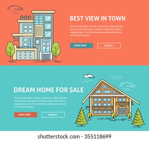 Real estate market flat line web banner. Flat linear vector design for hero or header image. Outlined stroke realty icons. House for sale concept. Property investment, buy, sell, rent house, apartment