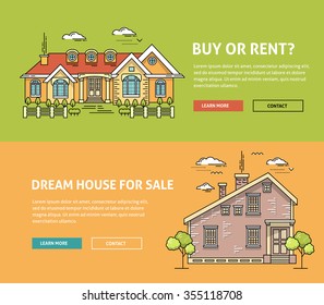 Real estate market flat line web banner. Flat linear vector design for hero or header image. Outlined stroke realty icons. House for sale concept. Property investment, buy, sell, rent house, apartment