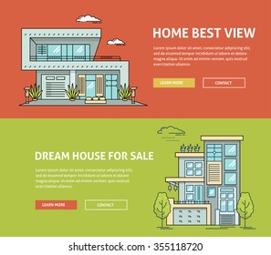 Real estate market flat line web banner. Flat linear vector design for hero or header image. Outlined stroke realty icons. House for sale concept. Property investment, buy, sell, rent house, apartment