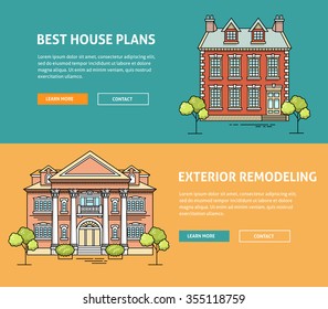 Real estate market flat line web banner. Flat linear vector design for hero or header image. Outlined stroke realty icons. House for sale concept. Property investment, buy, sell, rent house, apartment