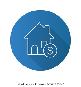 Real estate market flat linear long shadow icon. Rental house with dollar sign. Vector line symbol