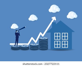 Real estate market, graph, up arrow. House model and a stack of coins. The concept of inflation, economic growth, the price of insurance services. vector illustration.