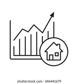 Real estate market growth chart linear icon. Thin line illustration. Houses price rise. Contour symbol. Vector isolated outline drawing