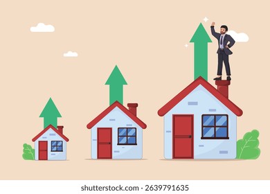 Real Estate Market Growth and Property Value Appreciation: A Conceptual Illustration Showing Houses of Increasing Size with Upward Arrows, Symbolizing Successful Investment and a Rising Market.