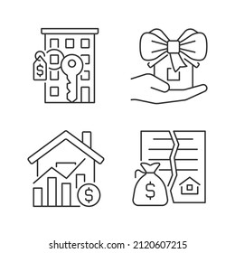 Real estate market linear icons set. Property sale. Apartment purchasing. Home donation. Realty price. Customizable thin line symbols. Isolated vector outline illustrations. Editable stroke
